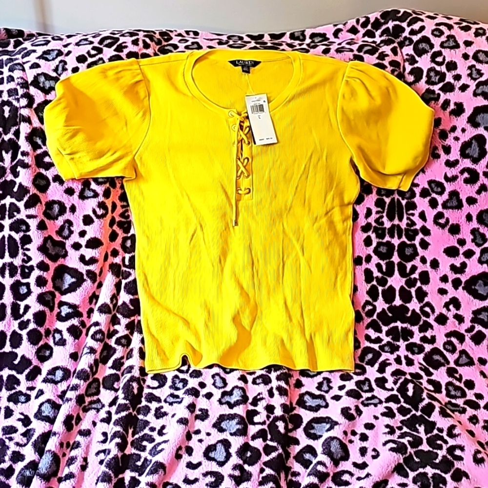 NWT Lauren Ralph Lauren women's waffle knit puff sleeve cotton top (lemon) size